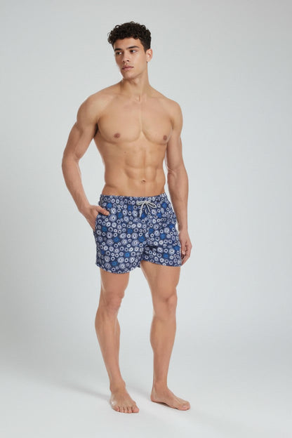 Christian Audigier Low Waist Swim Shorts White and Blue Nautical Print, Deep Blue Background BMS619004M