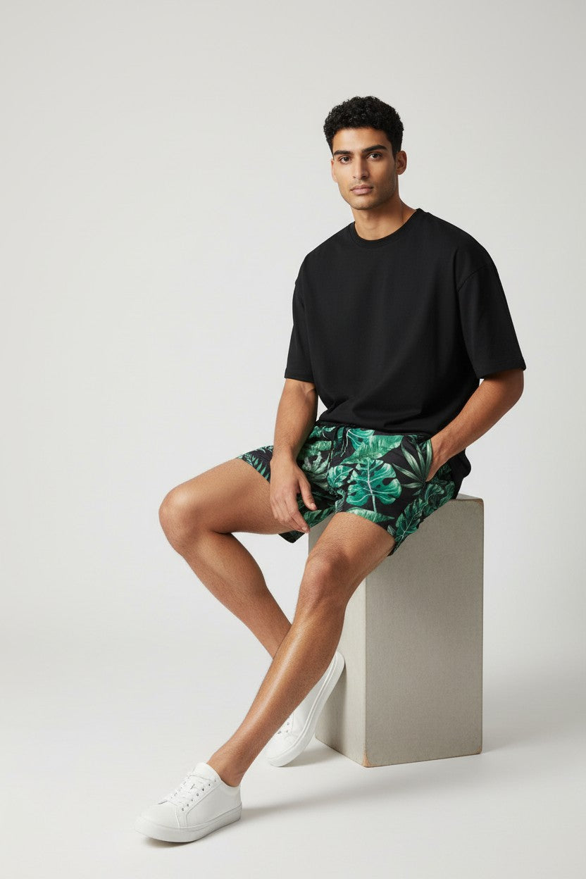 Christian Audigier Low Waist Swim Shorts. Black Print & Green Palm Leaves BMS6190013M