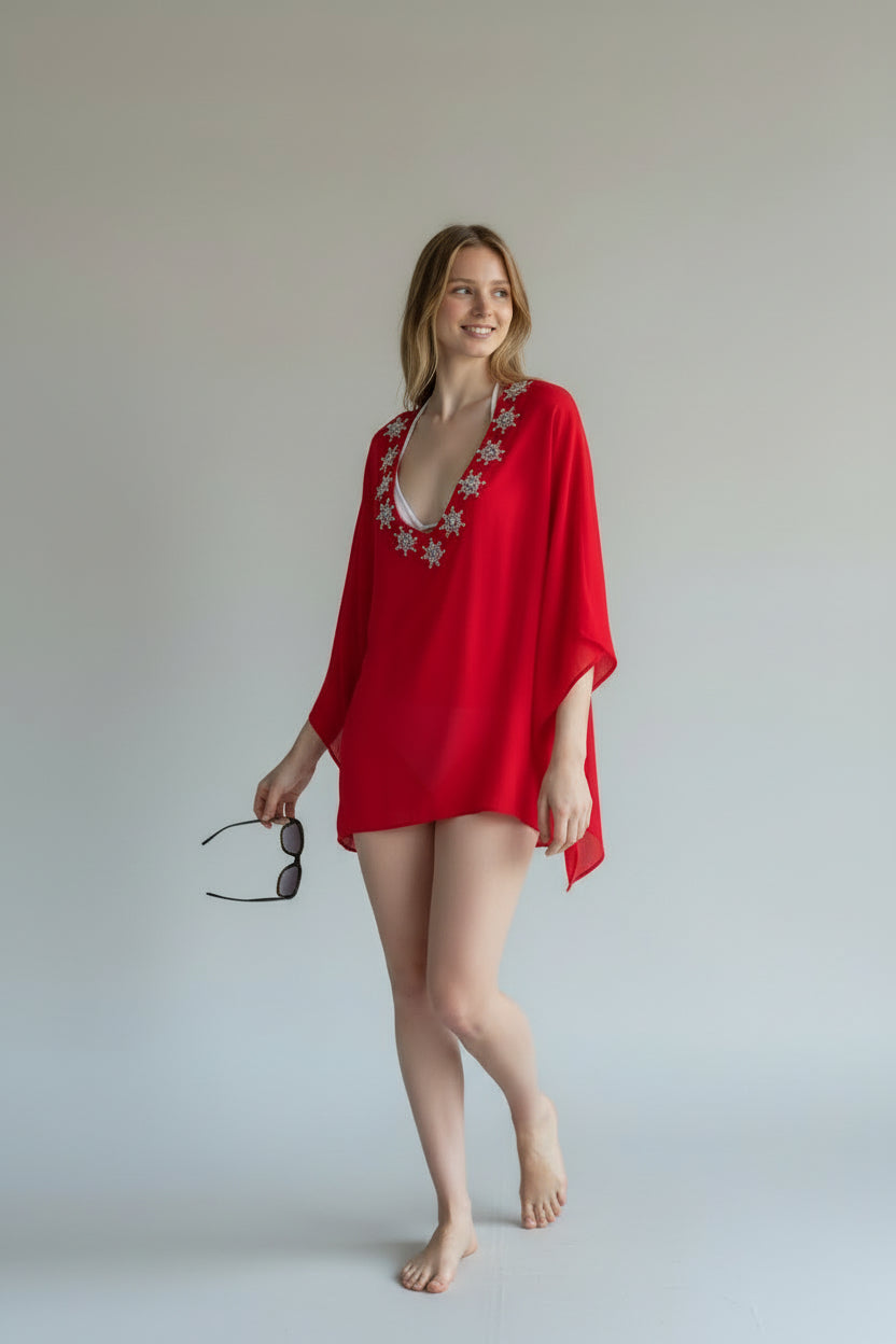 Christian Audigier The Embellished Deep V Coverup Red BMS071-9188