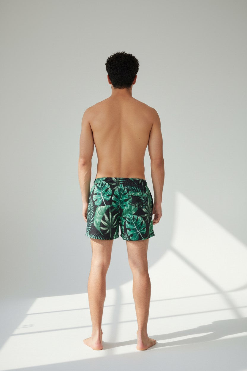 Christian Audigier Low Waist Swim Shorts. Black Print & Green Palm Leaves BMS6190013M