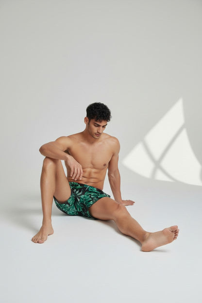 Christian Audigier Low Waist Swim Shorts. Black Print & Green Palm Leaves BMS6190013M