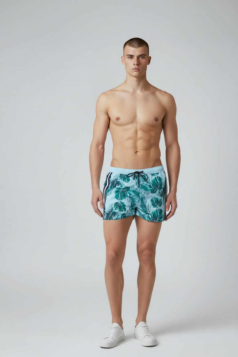 Christian Audigier Low Waist Men's Palm Print Sky Side Stripes Swim Shorts BMS619-0019M