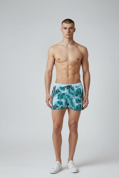 Christian Audigier Low Waist Men's Palm Print Sky Side Stripes Swim Shorts BMS619-0019M