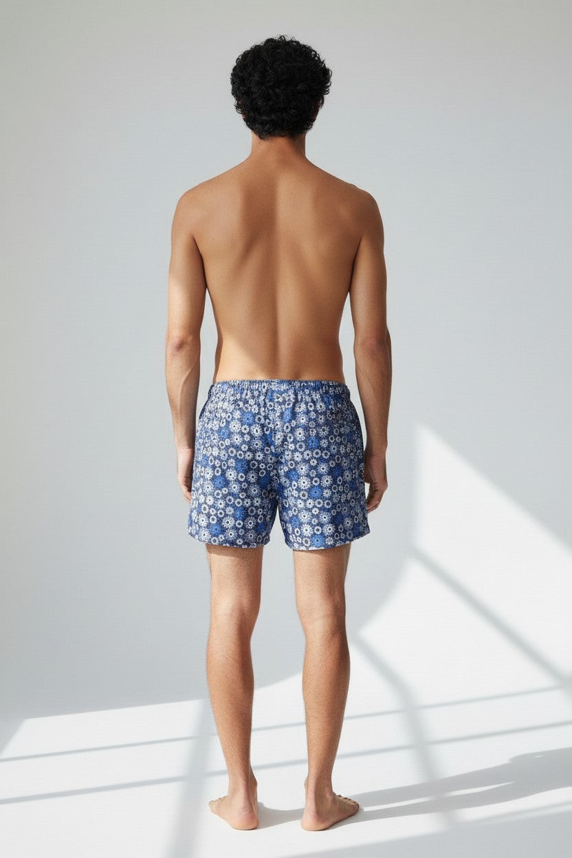 Christian Audigier Low Waist Swim Shorts White and Blue Nautical Print, Deep Blue Background BMS619004M