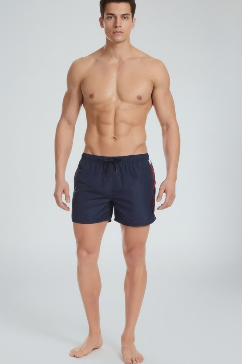 Christian Audigier Deep Solid Blue Low Waist Swim Shorts with Side Stripes BMS6190007M