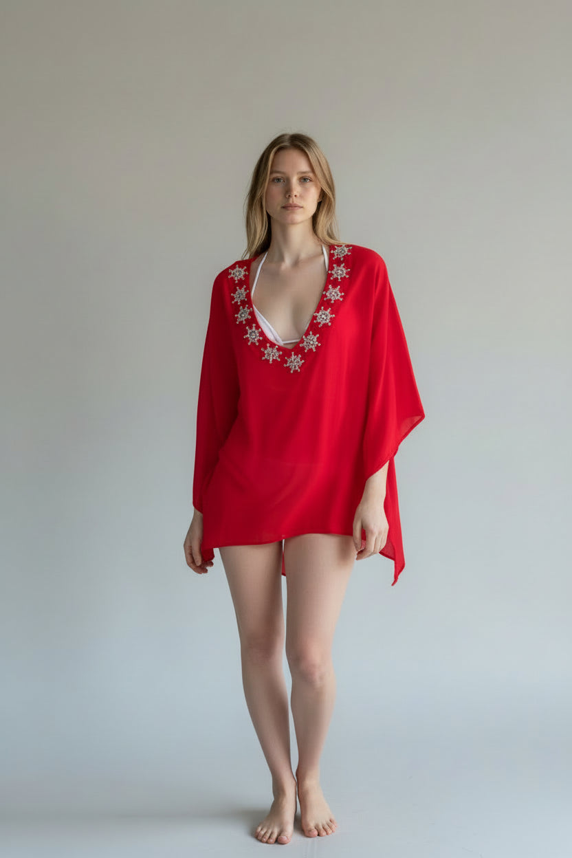 Christian Audigier The Embellished Deep V Coverup Red BMS071-9188