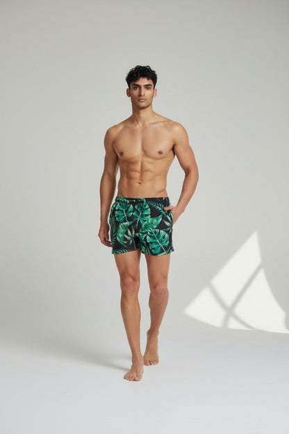 Christian Audigier Low Waist Swim Shorts. Black Print & Green Palm Leaves BMS6190013M