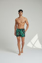 Christian Audigier Low Waist Swim Shorts. Black Print & Green Palm Leaves BMS6190013M
