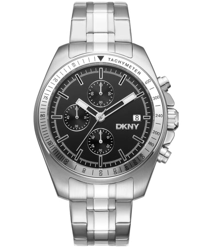 Dkny Men Watch, Silver Color Case, Black Dial, Stainless Steel Metal Bracelet, Chronograph, 10 Atm