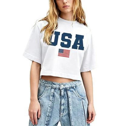 4th of July USA Printed Cropped Shirt