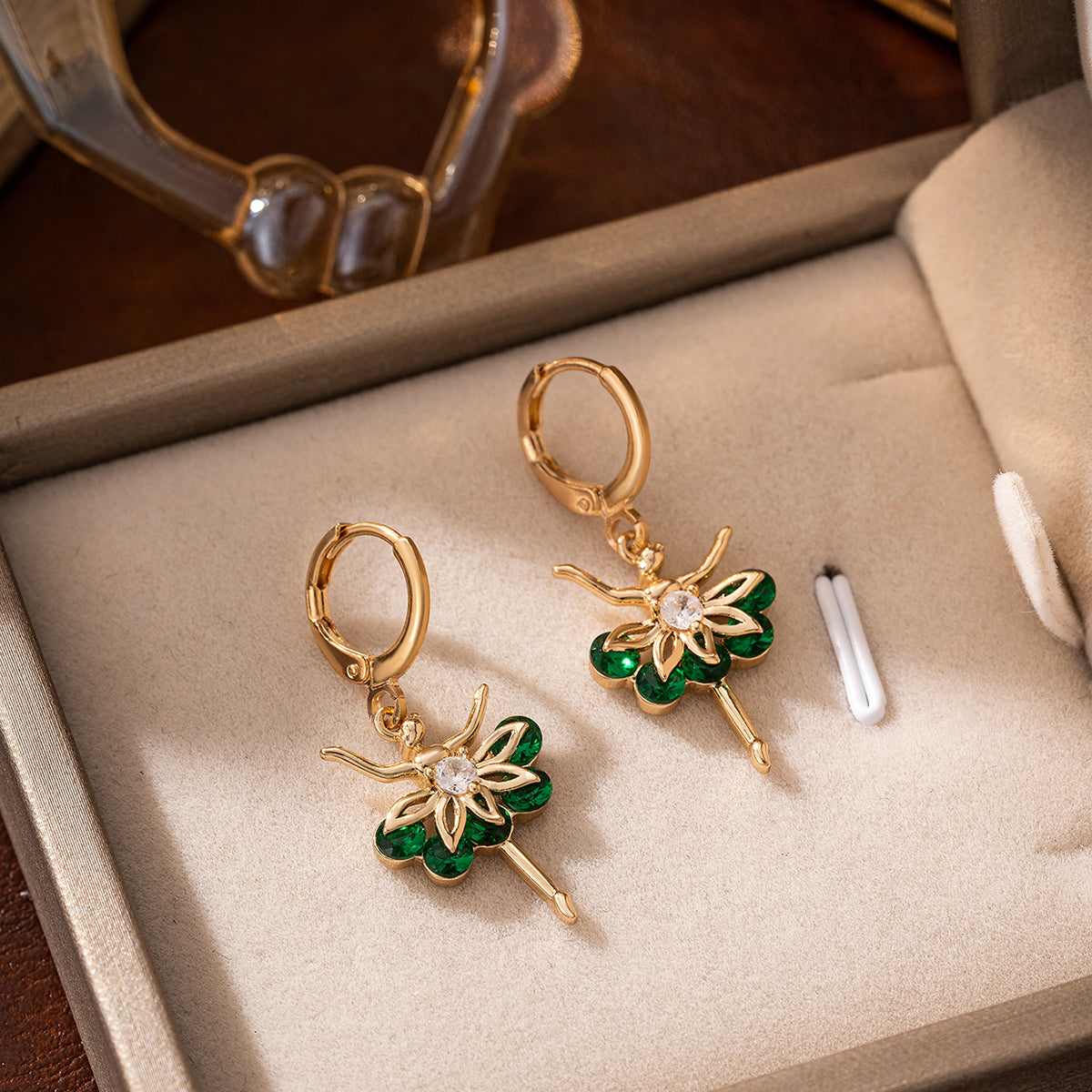 Emerald Crystal & Cubic Zirconia Goldtone Ballet Girl Huggie Earrings