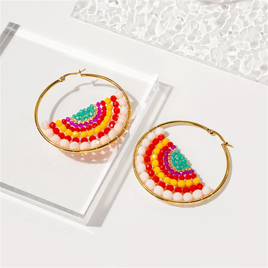 Yellow Acrylic & Goldtone Melon Bead-Detail Hoop Earrings