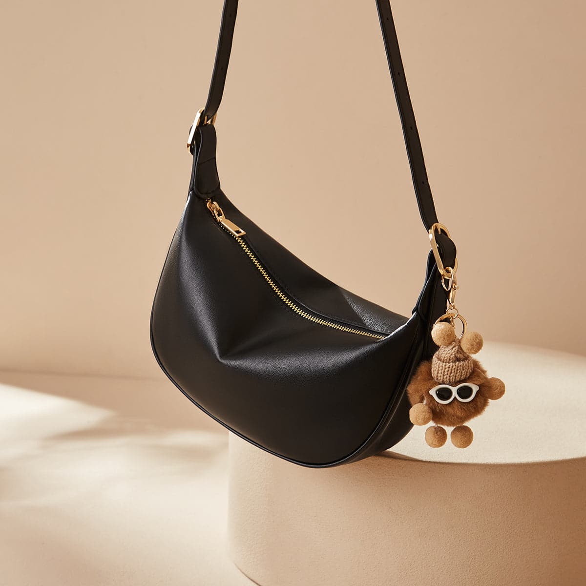 Crescent Leather Crossbody Shoulder Bag with Bear Charm
