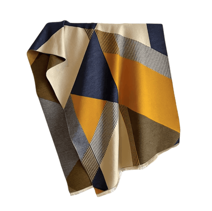 Geometric Color-Block Scarf in Navy and Mustard Earth Tones
