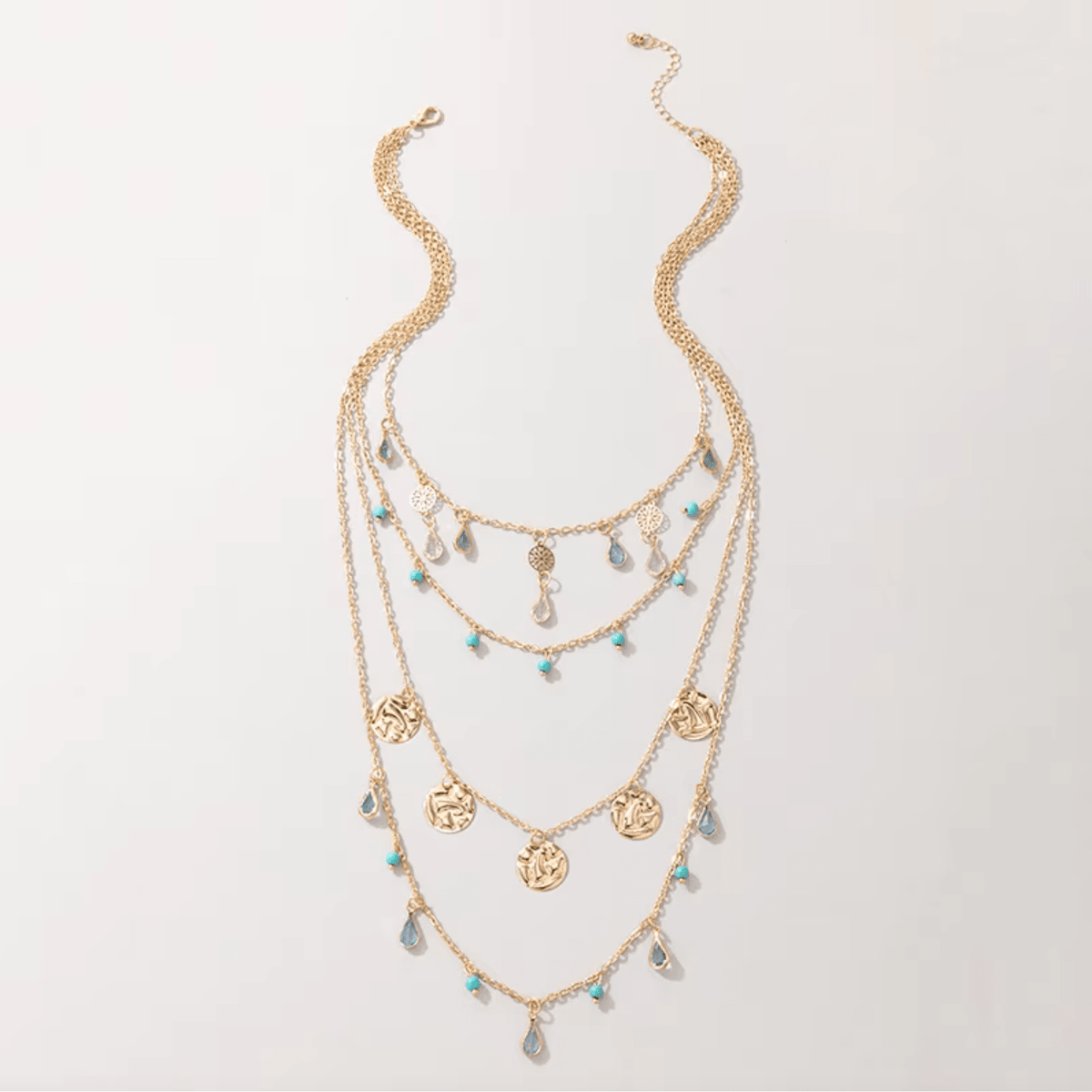 Goldtone Blue Teardrop Bead Layered Necklace