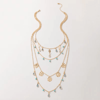 Goldtone Blue Teardrop Bead Layered Necklace