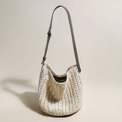 Medium White Beach Tote Bag with Blue Leather Straps