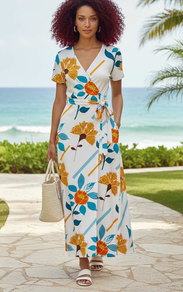 Lily by Firmiana Women’s Short Sleeve Maxi Dress Women’s Apparel 1XL White Orange Floral Print