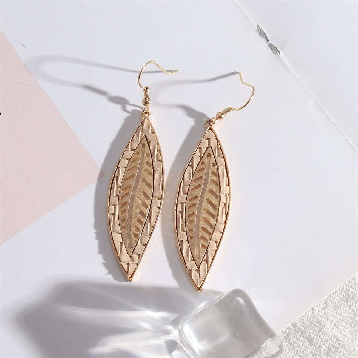 Beige Polyurethane & Goldtone Weave Leaf Drop Earrings