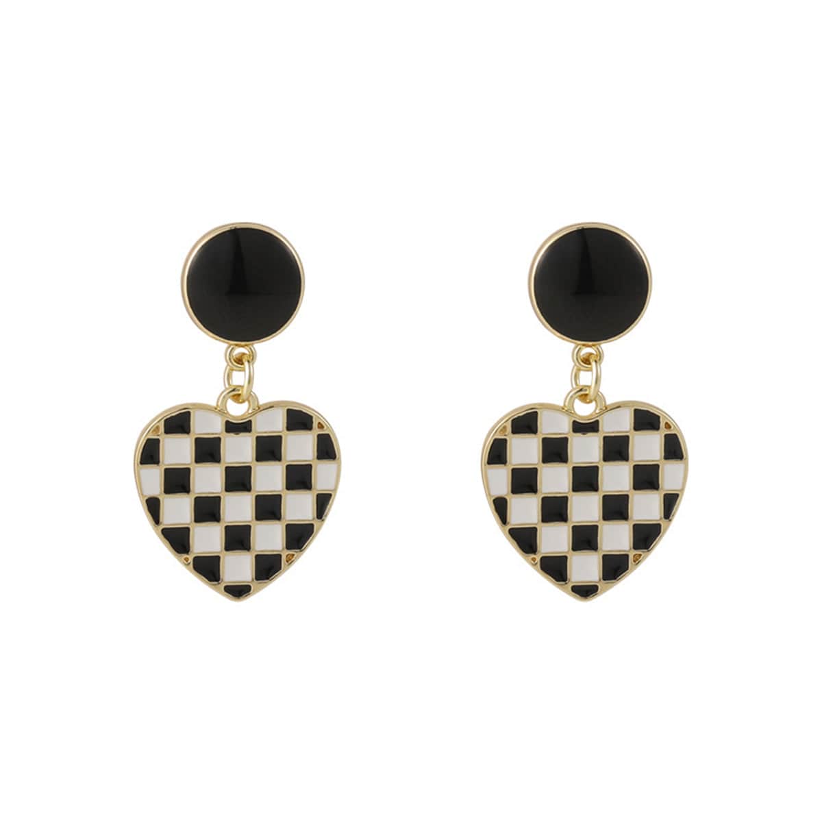 Black & White Enamel Checkerboard Tiered Heart Drop Earrings