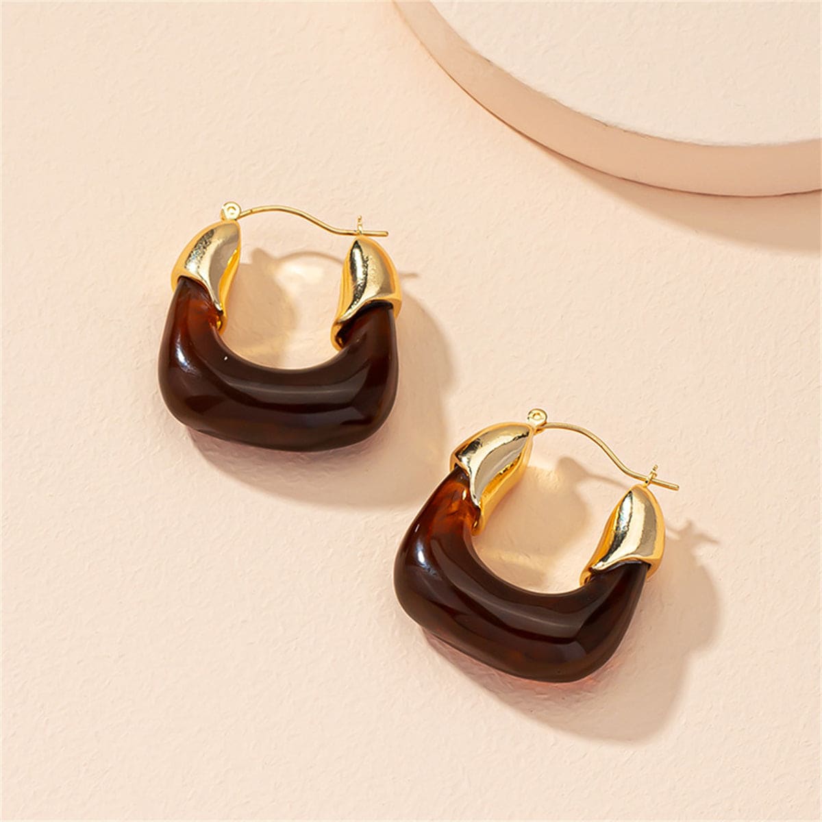 Amber Resin & Goldtone U-Shape Huggie Earring