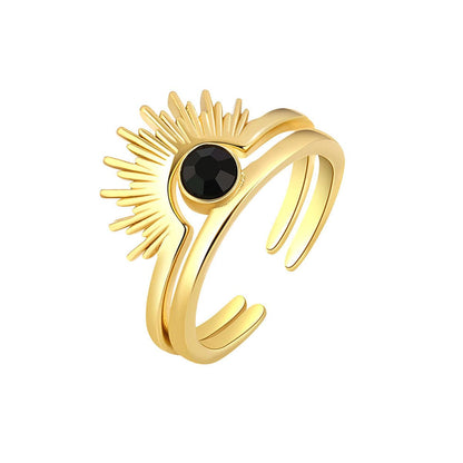 Black Cubic Zirconia & Goldtone Open Sun Ring Set