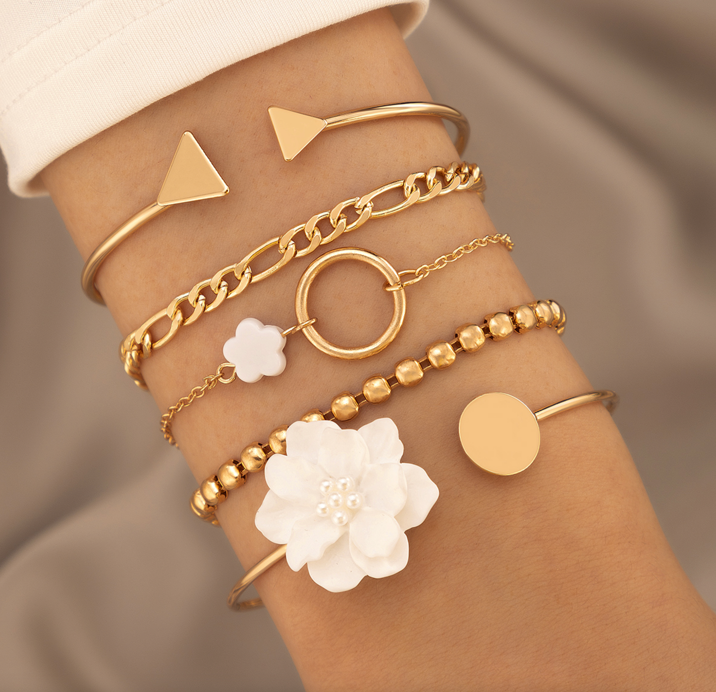 Goldtone White Floral Chain Bracelet Set