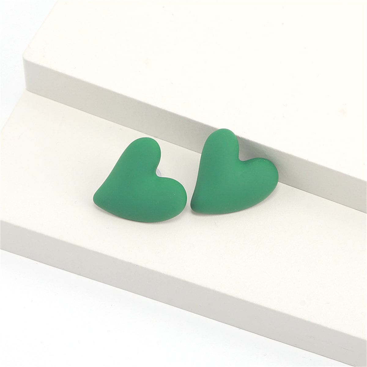 Green Acrylic & Silvertone Heart Stud Earrings