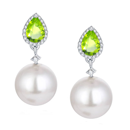 Sterling Silver Shell Pearl, Natural Peridot and White Topaz Drop Earrings