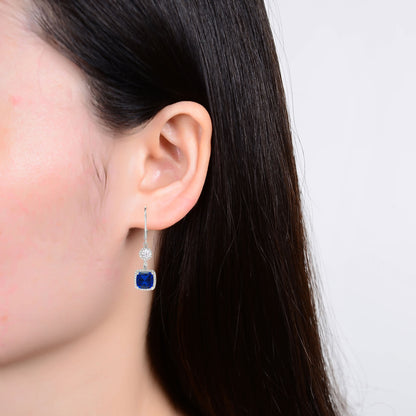 Blue Sapphire, Moissanite and White Topaz Sterling Silver Dangle Earrings