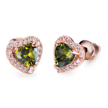 Olive Crystal & Cubic Zirconia Rose Goldtone Halo Heart Stud Earrings