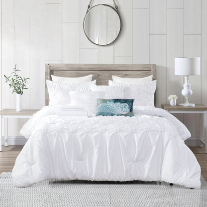 Elegant Comfort 12-Piece Ella Pleated Ruched Pintuck Comforter Set, Includes 6-Piece Sheet Set with Double Sided Storage Pockets
