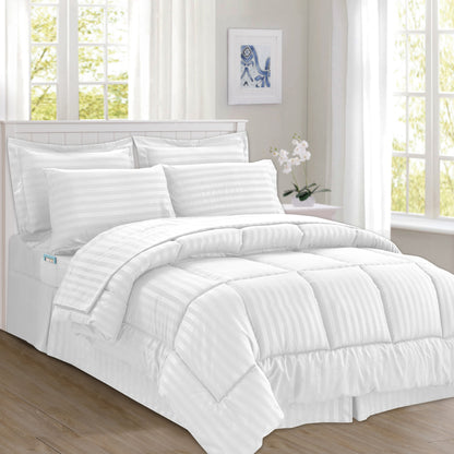 Elegant Comfort 8-Piece Dobby Stripe Comforter Set - Includes 4-Piece Sheet Set with Double Sided Storage Pockets