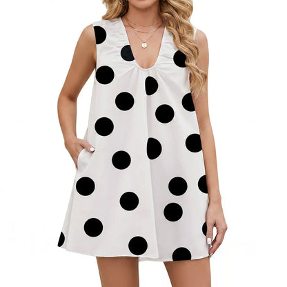 Sleeveless Polka Dot V Neck Shift Mini Dress