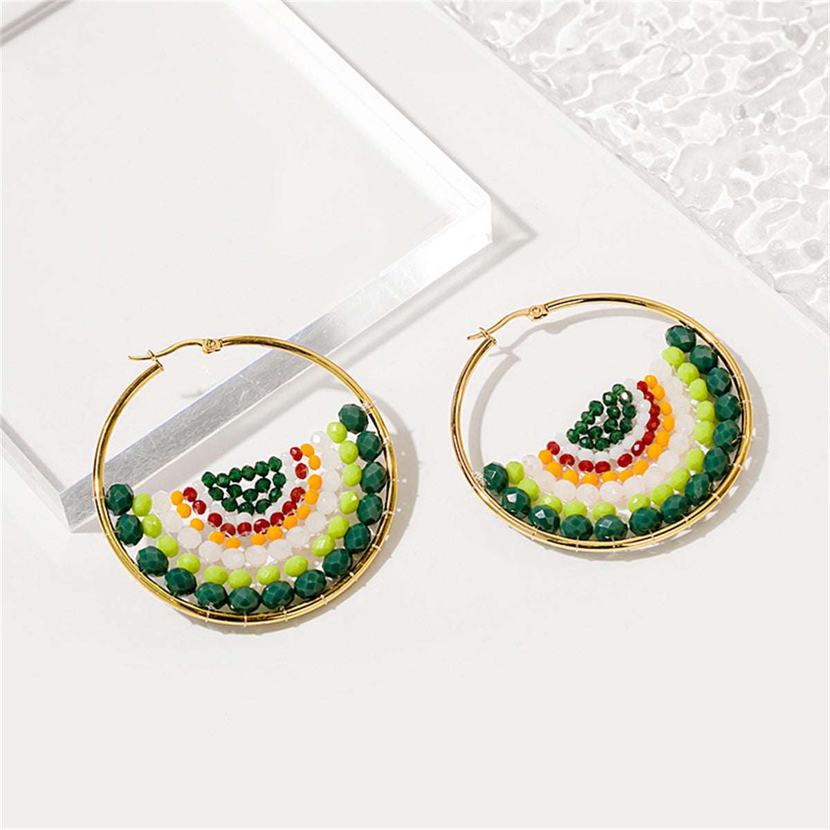 Green Acrylic & Goldtone Melon Drop Earrings