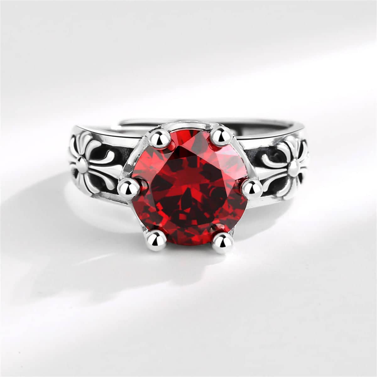 Red Crystal & Silvertone Floral Adjustable Ring
