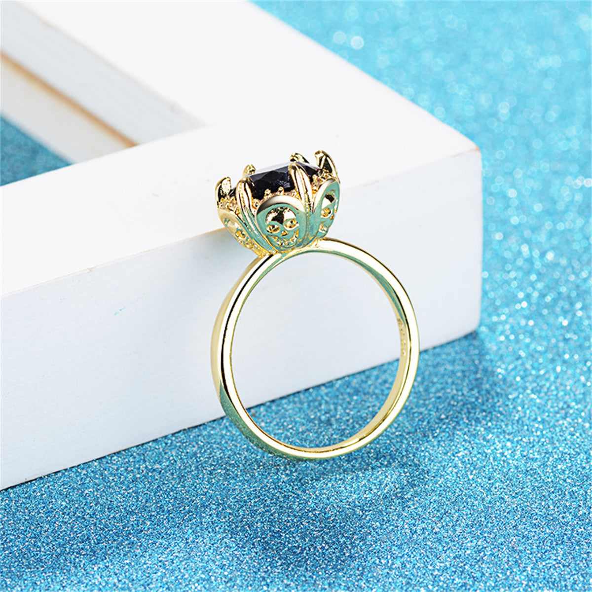 Black Crystal & Cubic Zirconia Goldtone Skull Cocktail Ring