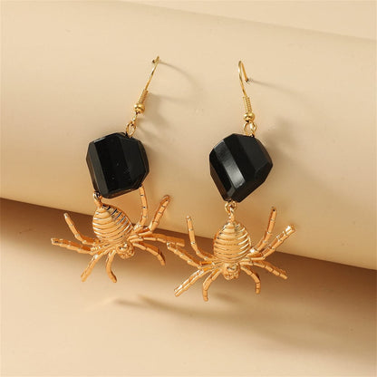 Black Acrylic & Goldtone Spider Drop Earrings