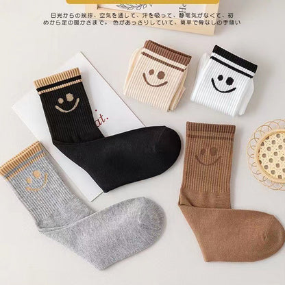 5 Pairs Smiley Face Crew Socks – Cute Cotton Socks for Women