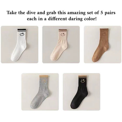 5 Pairs Smiley Face Crew Socks – Cute Cotton Socks for Women