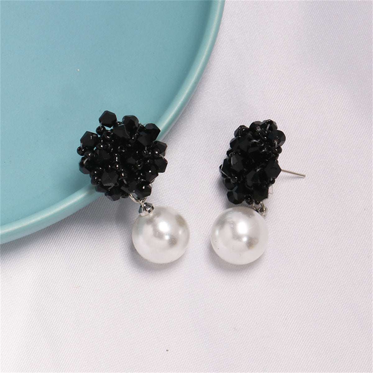 Black Acrylic & Pearl Silvertone Bead Cluster Drop Earrings
