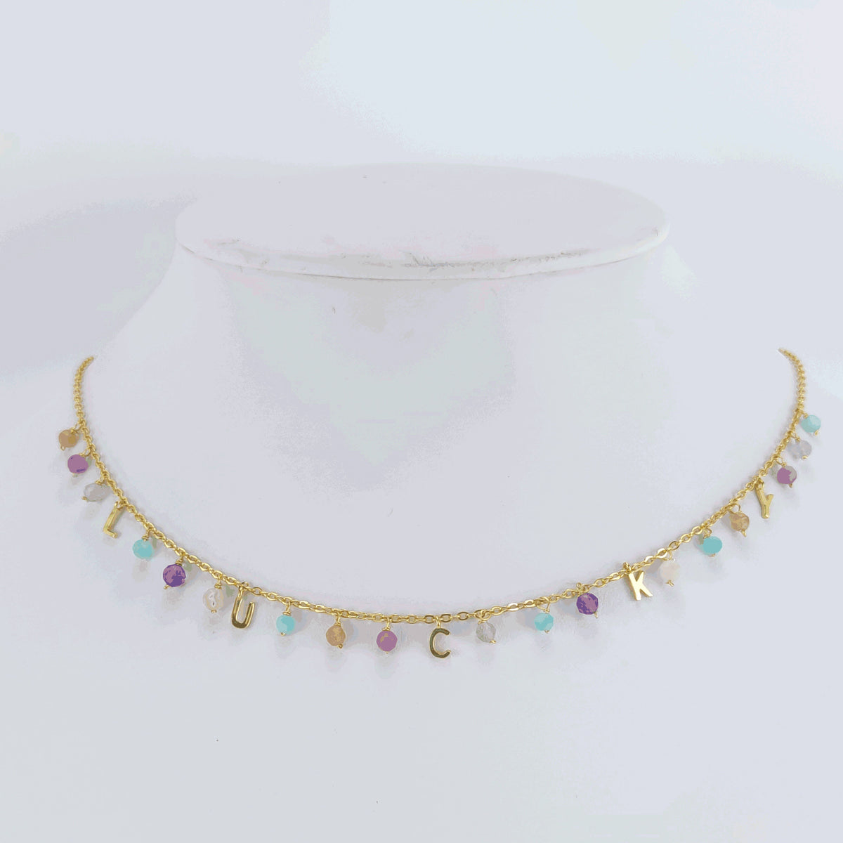 Gold Over Sterling Silver Natural Amazonite, Labradorite, Red Tourmaline, Orange Moonstone, Pink Opal and Amethyst Lucky Necklace 18"