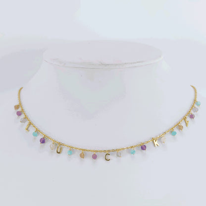 Gold Over Sterling Silver Natural Amazonite, Labradorite, Red Tourmaline, Orange Moonstone, Pink Opal and Amethyst Lucky Necklace 18"