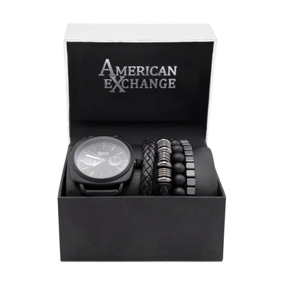American Exchange Black Mens Leather Watch With Bracelets 5323