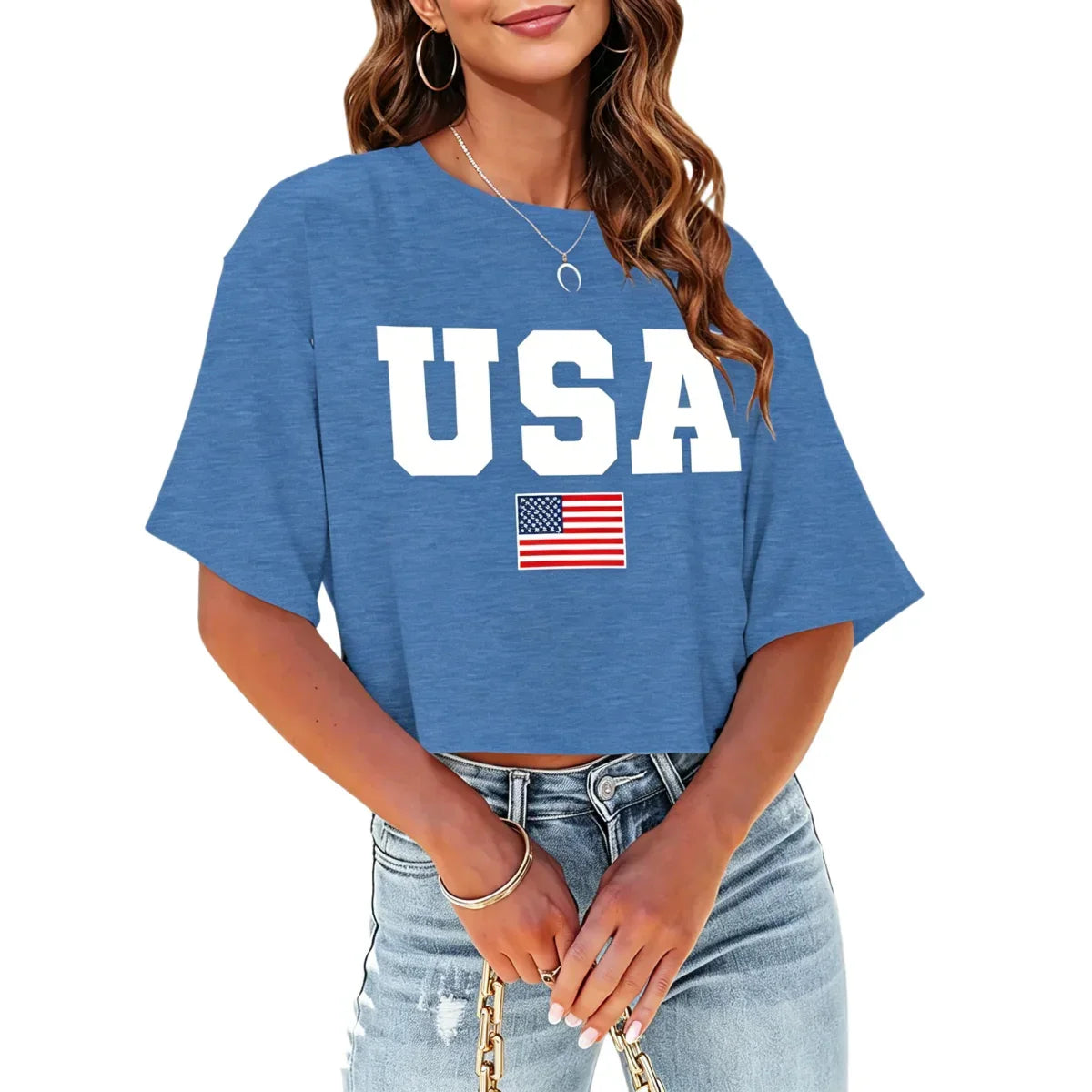 4th of July USA Printed Cropped Shirt