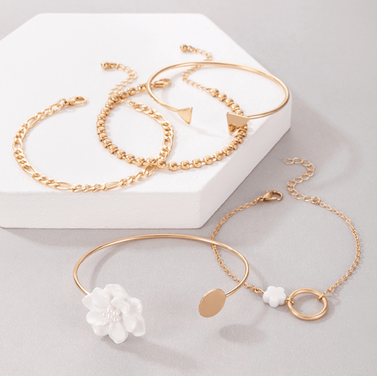 Goldtone White Floral Chain Bracelet Set