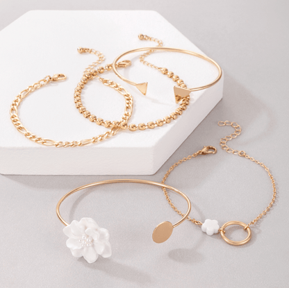 Goldtone White Floral Chain Bracelet Set