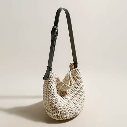Medium White Beach Tote Bag with Blue Leather Straps