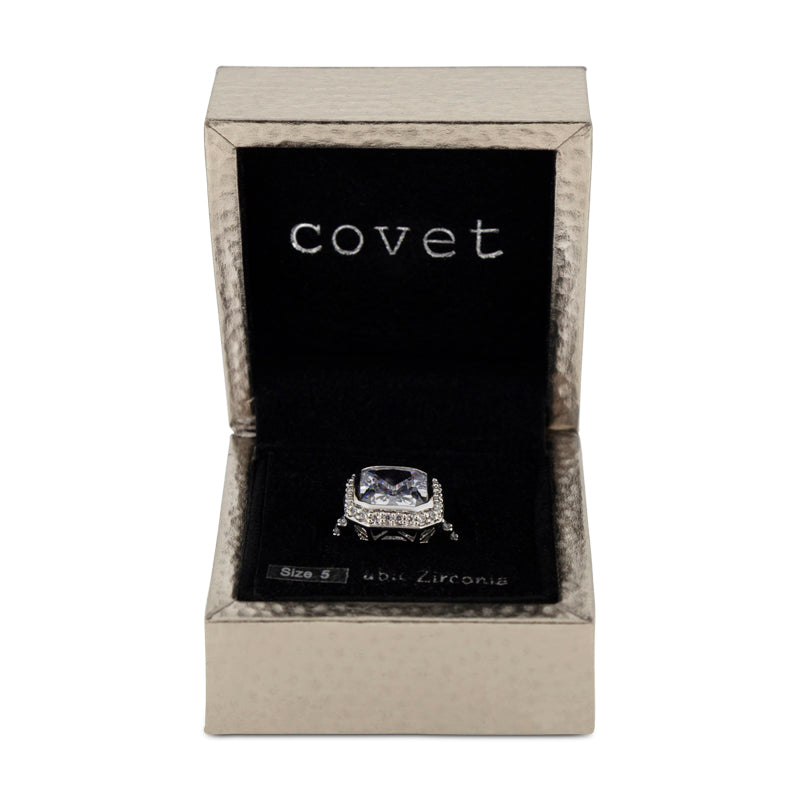 Covet Rhodium Plated Cubic Zirconia Large Square Cut Silver Ring - Size S