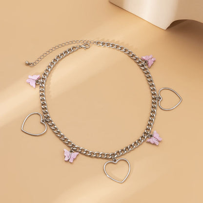 Acrylic & Silvertone Butterfly Open Heart Choker Necklace